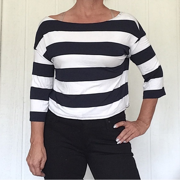 THREE DOTS NAUTICAL STRIPE WOMENS BOAT NECK THREE QUARTER SLEEVE TEE SHIRT XS - Picture 6 of 13